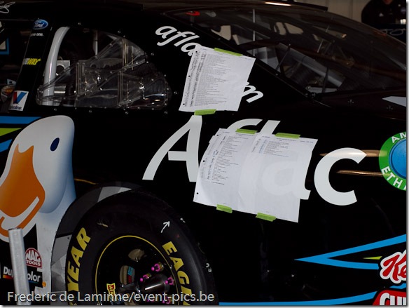 Todo list / check list is sticked on Carl Edwards's car in the garage before the Goody's Fast Relief 500 at Martinsville